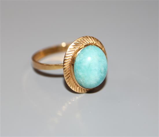 A modern continental yellow metal (tests as 18ct) and oval turquoise dress ring, size P, gross 3.2 grams.